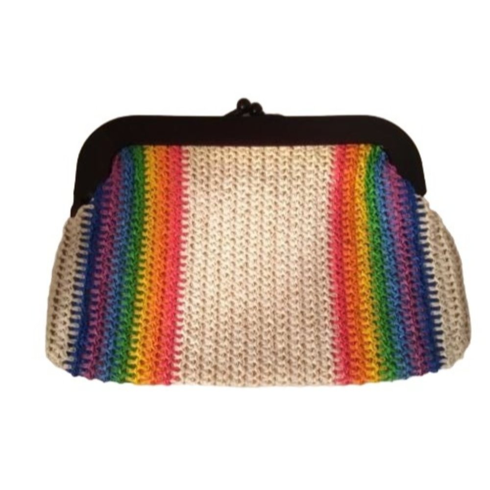 MCI Rainbow Clutch Vintage Bag white raffia Plastic Frame Handle Retro Original